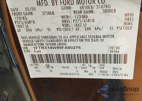 2009 Ford F-150 Stx/Xl z USA, uszkodzony, nr VIN 1FTRX14W89FA80276